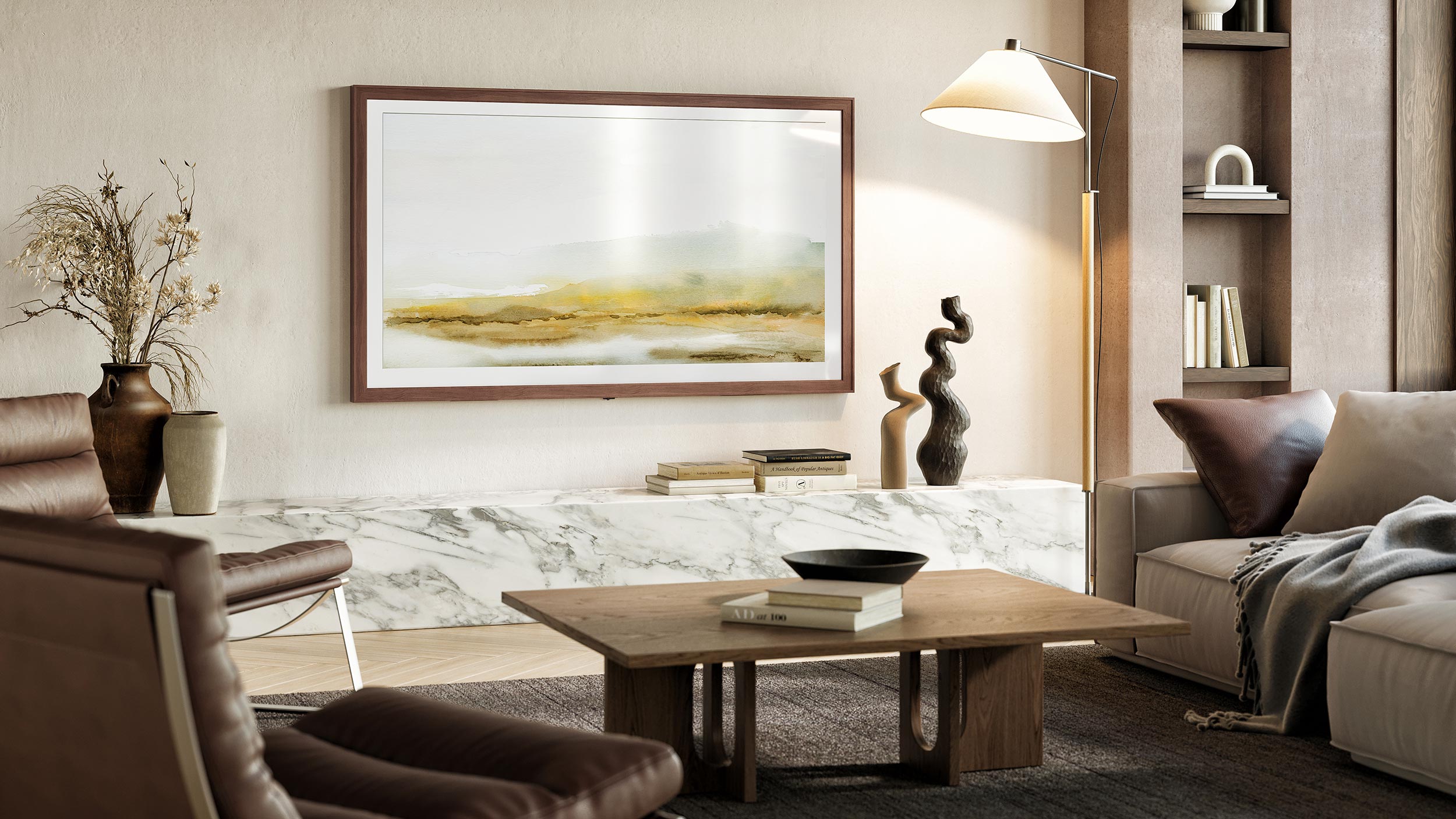 Elegant living room with a frame TV displaying a soft abstract landscape